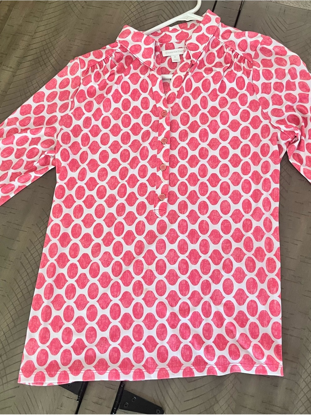 Charter Club Pink White Polka Dot Partial Button-Front Ladies Top M - Picture 3 of 4